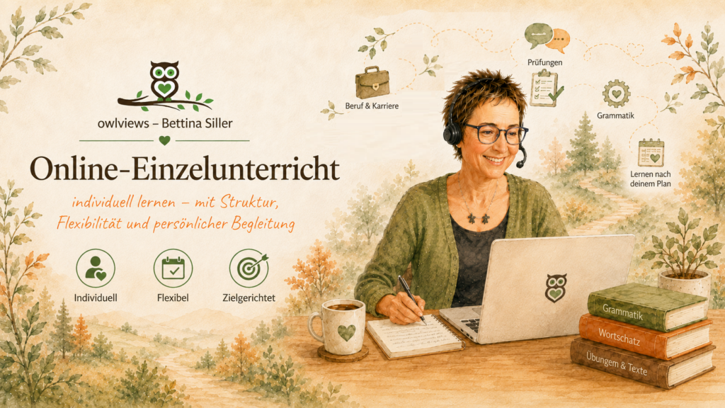 Illustration zum Online-Einzelunterricht bei owlviews: Bettina sitzt mit Headset und Laptop an ihrem Schreibtisch. Symbole für Prüfungen, Beruf, Grammatik und individuelles Lernen stehen für flexibel und persönlich abgestimmten Deutschunterricht.